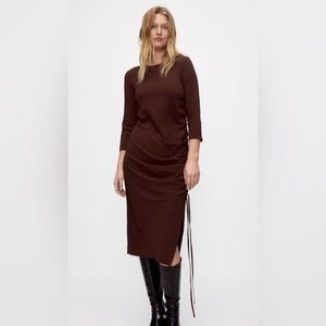 Zara Brown Ruched Side Midi Dress